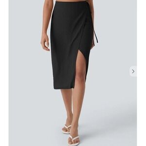 Halara High Waisted Invisible Zipper Wrapped Tie Side Split Midi Casual Skirt L